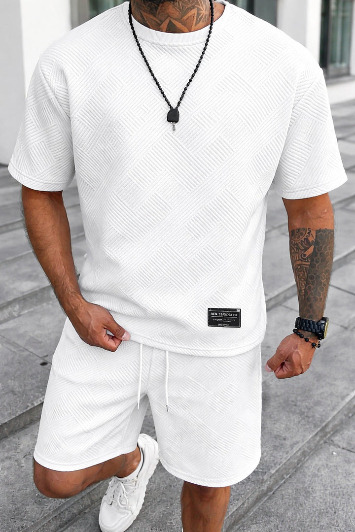 Men's Landon white textured t-shirt and drawstring shorts set with subtle tonal pattern.