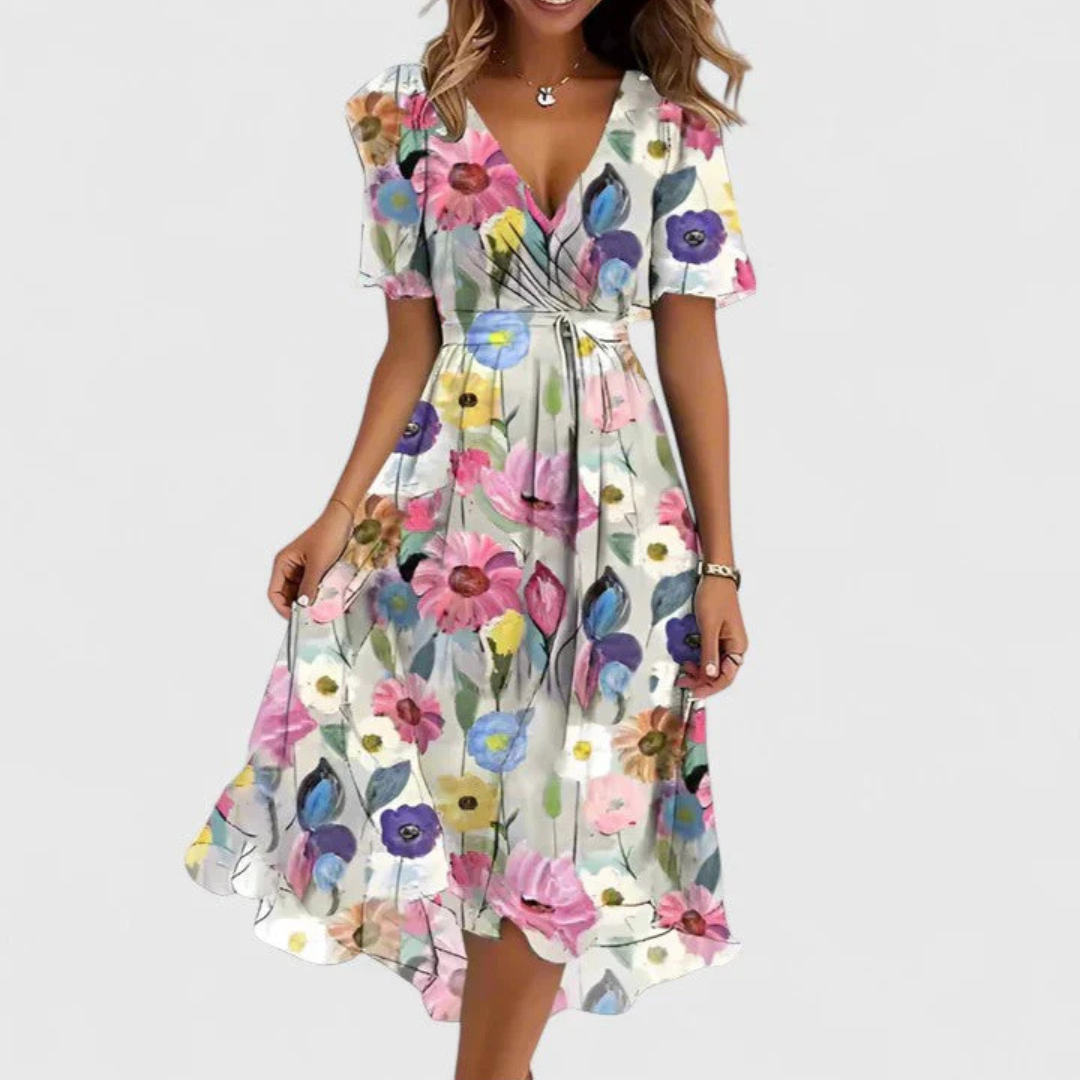 Women's Leandra floral V-neck midi dress with short sleeves and a flowing skirt.