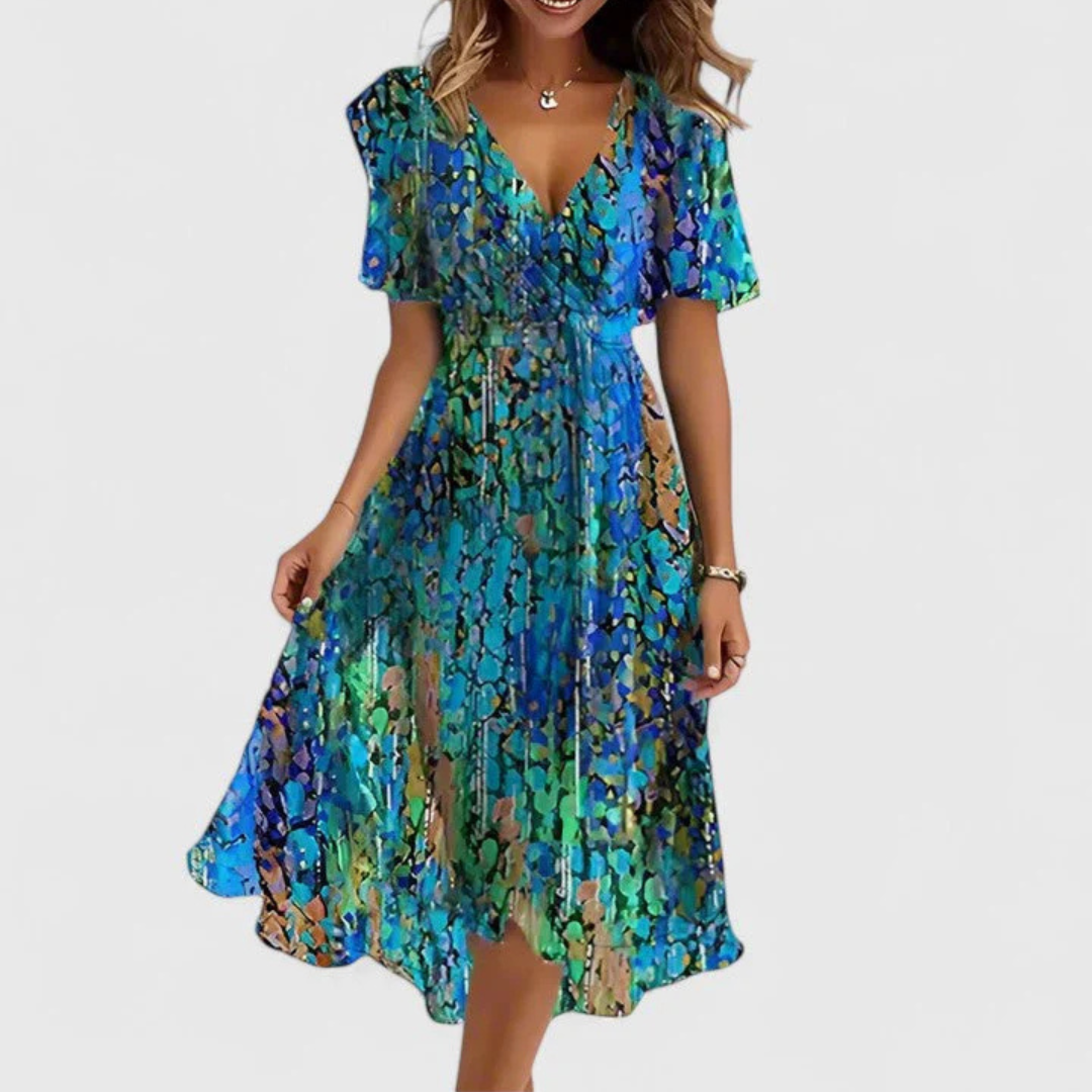Women's Leandra floral V-neck midi dress with short sleeves and flowing skirt in shades of blue and green.