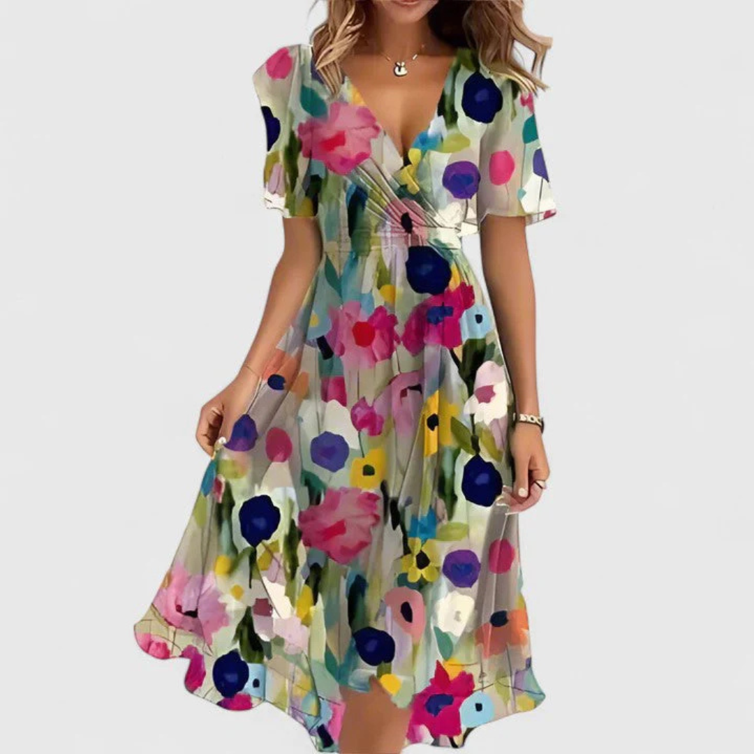 Women's Leandra floral V-neck midi dress with short sleeves and a flowing skirt.