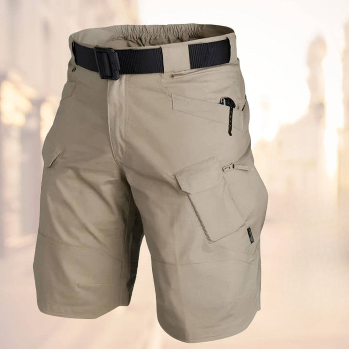 Men's Lenard khaki cargo shorts with a black belt, side pockets, and knee-length cut.