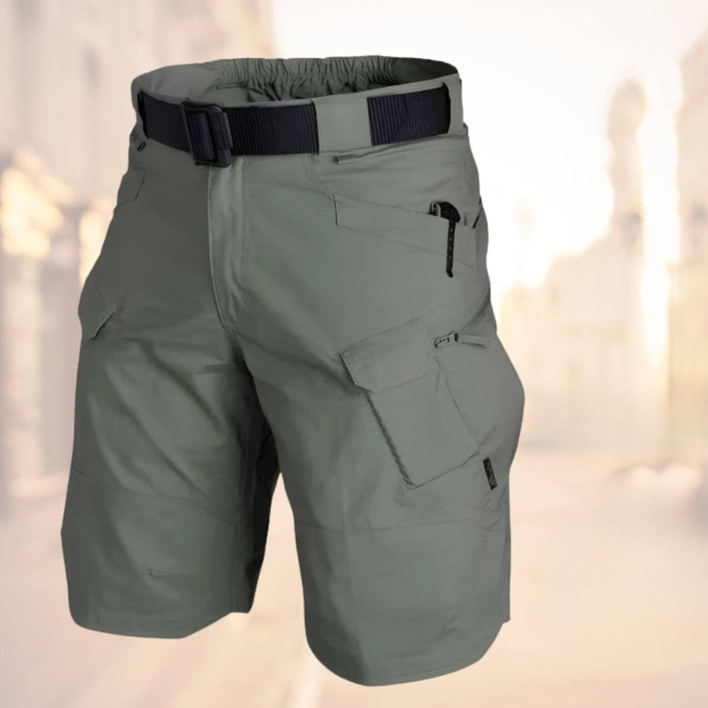 Men's Lenard olive green belted cargo shorts with side pockets and knee-length cut.
