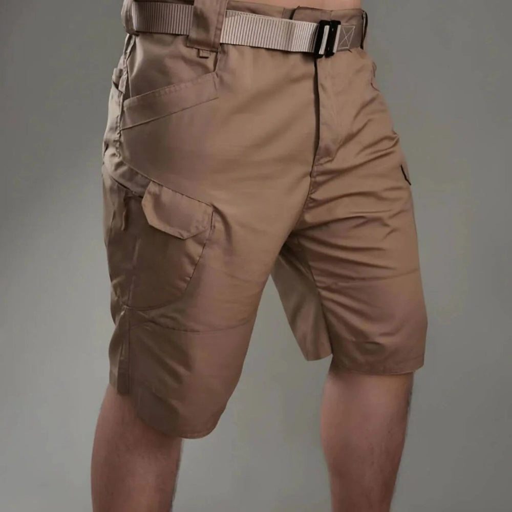 Men's Lenard belted khaki cargo shorts with side pockets and knee-length cut.