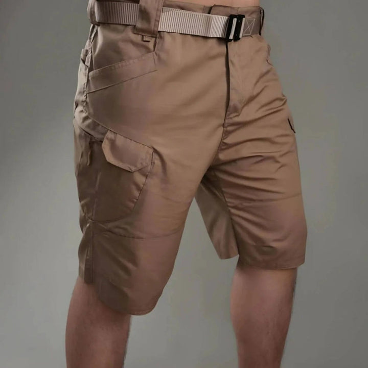 Men's Lenard belted khaki cargo shorts with side pockets and knee-length cut.