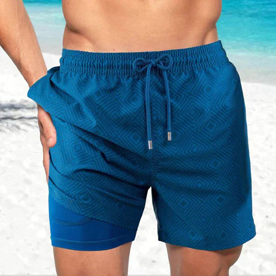 Men's Liam blue patterned drawstring swim shorts with a short, straight cut and inner lining.