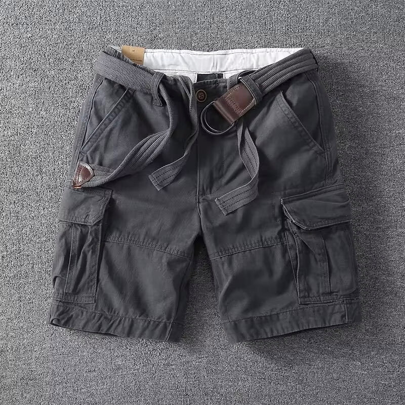 Men's Logan dark gray cargo shorts with a button-front waist, belt, and utility pockets.