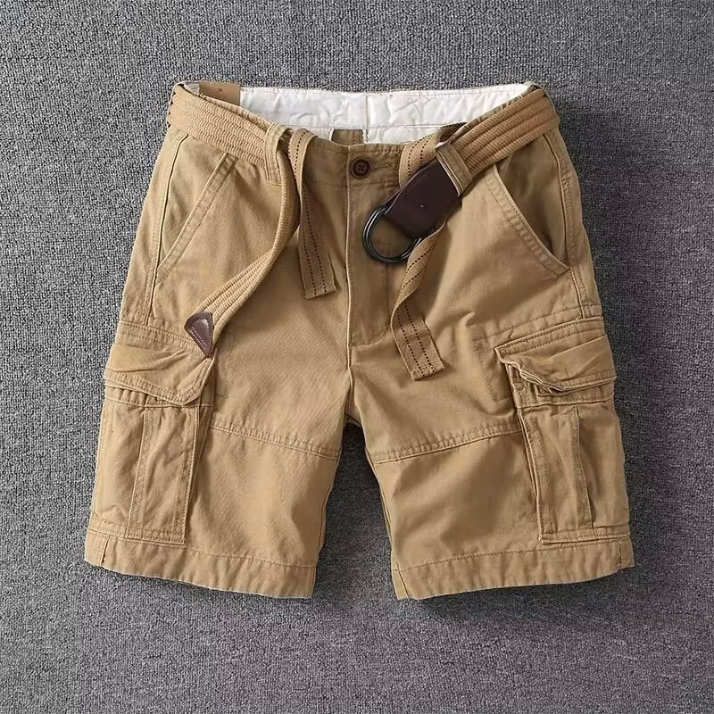Men's Logan khaki cargo shorts with visible utility pockets, button-front waist, and a brown belt.