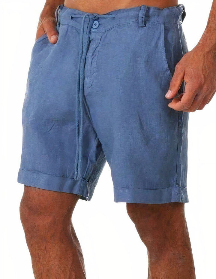 Men's Luca blue linen drawstring shorts with belt loops and side pockets, above-knee length.