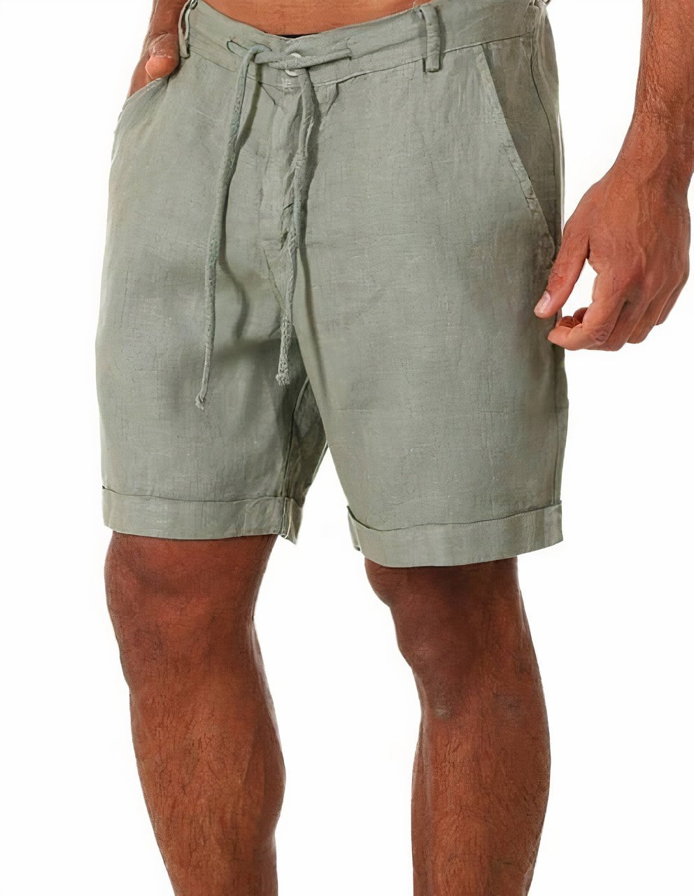 Men's Luca drawstring linen shorts in sage green with rolled cuffs, side pockets, and belt loops.