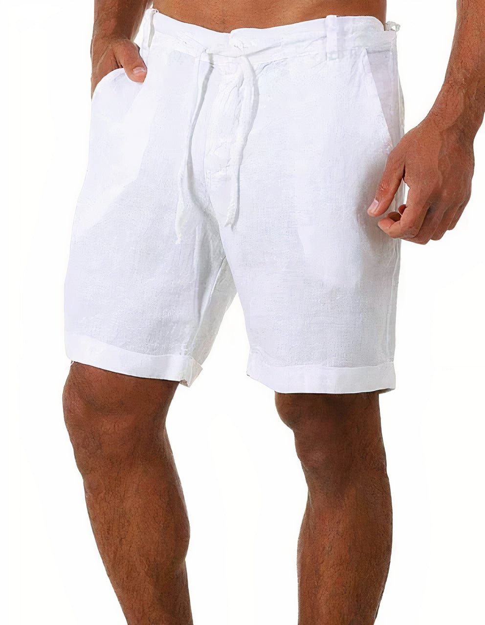 Men's white linen drawstring shorts with belt loops, side pockets, and a cuffed above-knee cut.