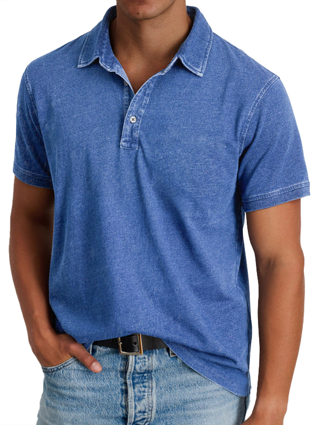 Men's Mason classic blue polo shirt with a crisp collar, clean button placket, and lightly faded texture.