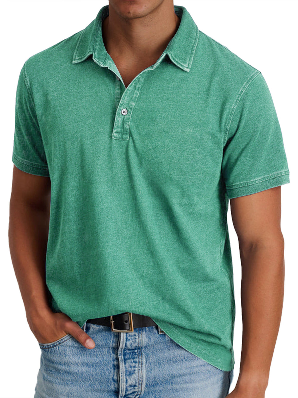Men's Mason classic green polo shirt with a crisp collar, clean button placket, and lightly faded texture.