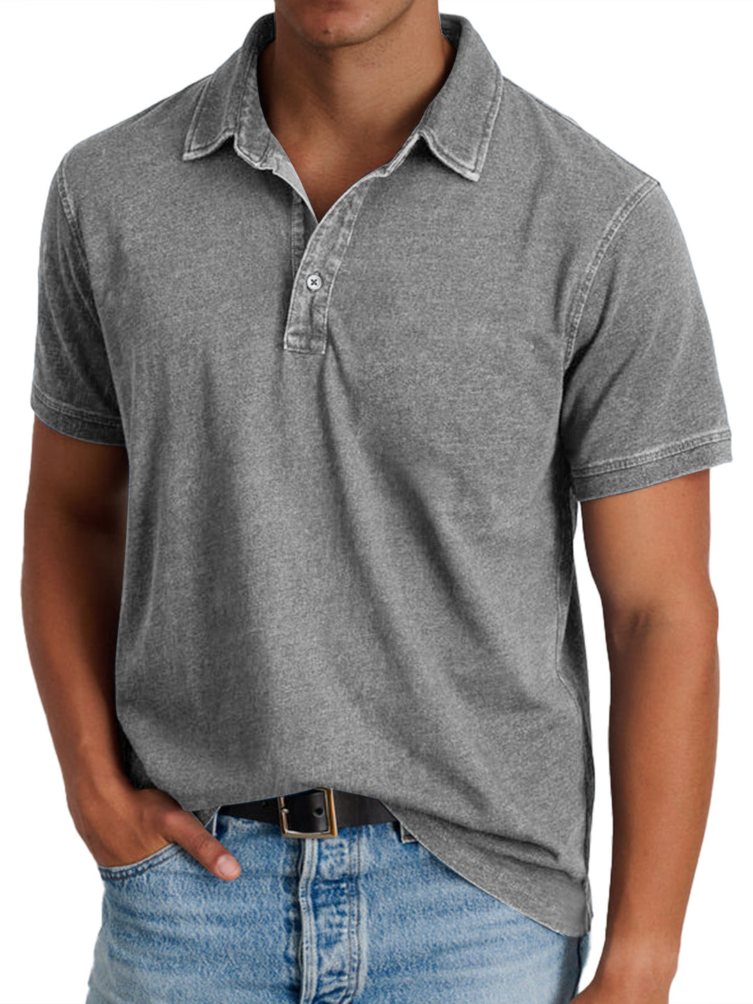 Men's Mason classic grey polo shirt with a crisp collar, clean button placket, and lightly faded texture.
