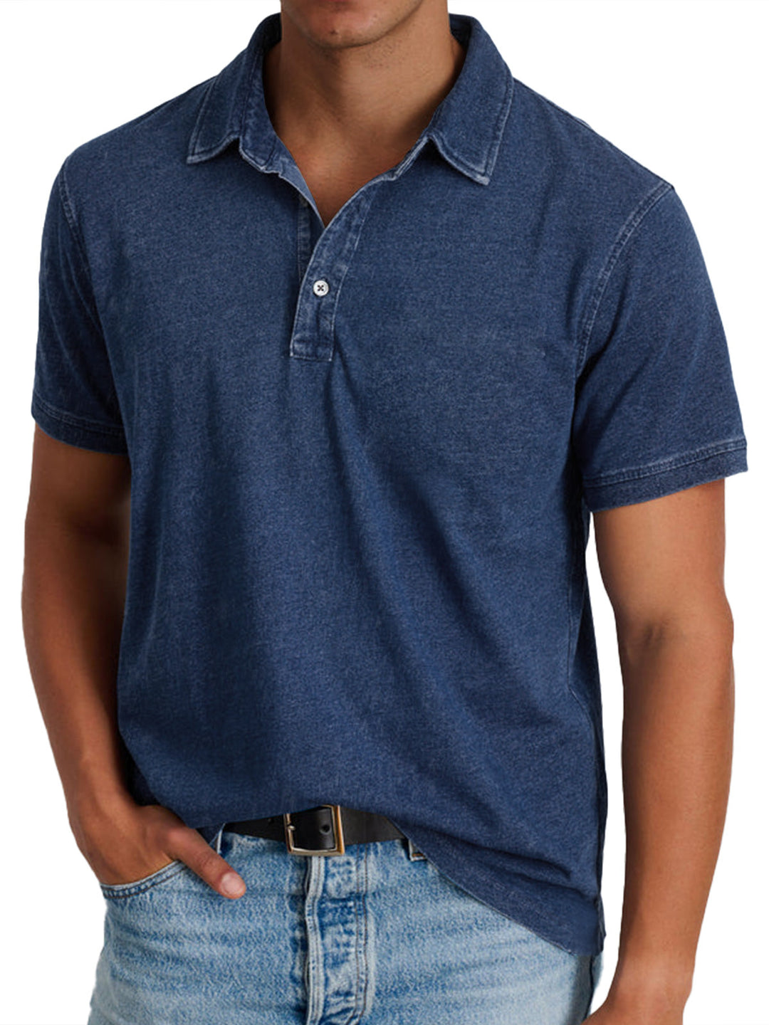 Men's classic Mason polo in faded navy, featuring a crisp collar, clean button placket, and balanced tailoring.