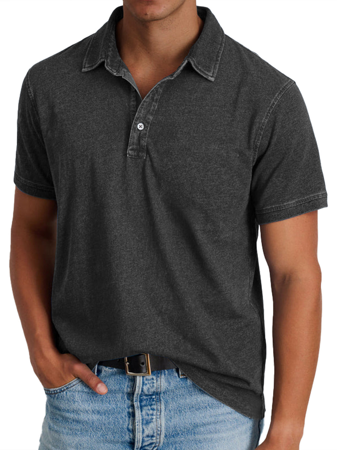 Men's Mason classic dark gray polo shirt with a crisp collar, button placket, and lightly faded texture.