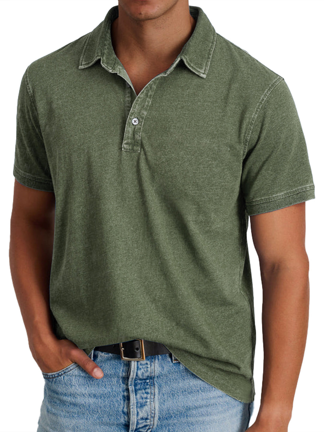 Men's Mason classic olive green polo shirt with a crisp collar, clean button placket, and lightly faded texture.