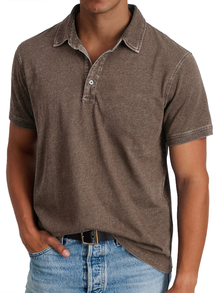 Men's Mason classic polo in a lightly faded brown, featuring a crisp collar, clean button placket, and balanced tailoring.