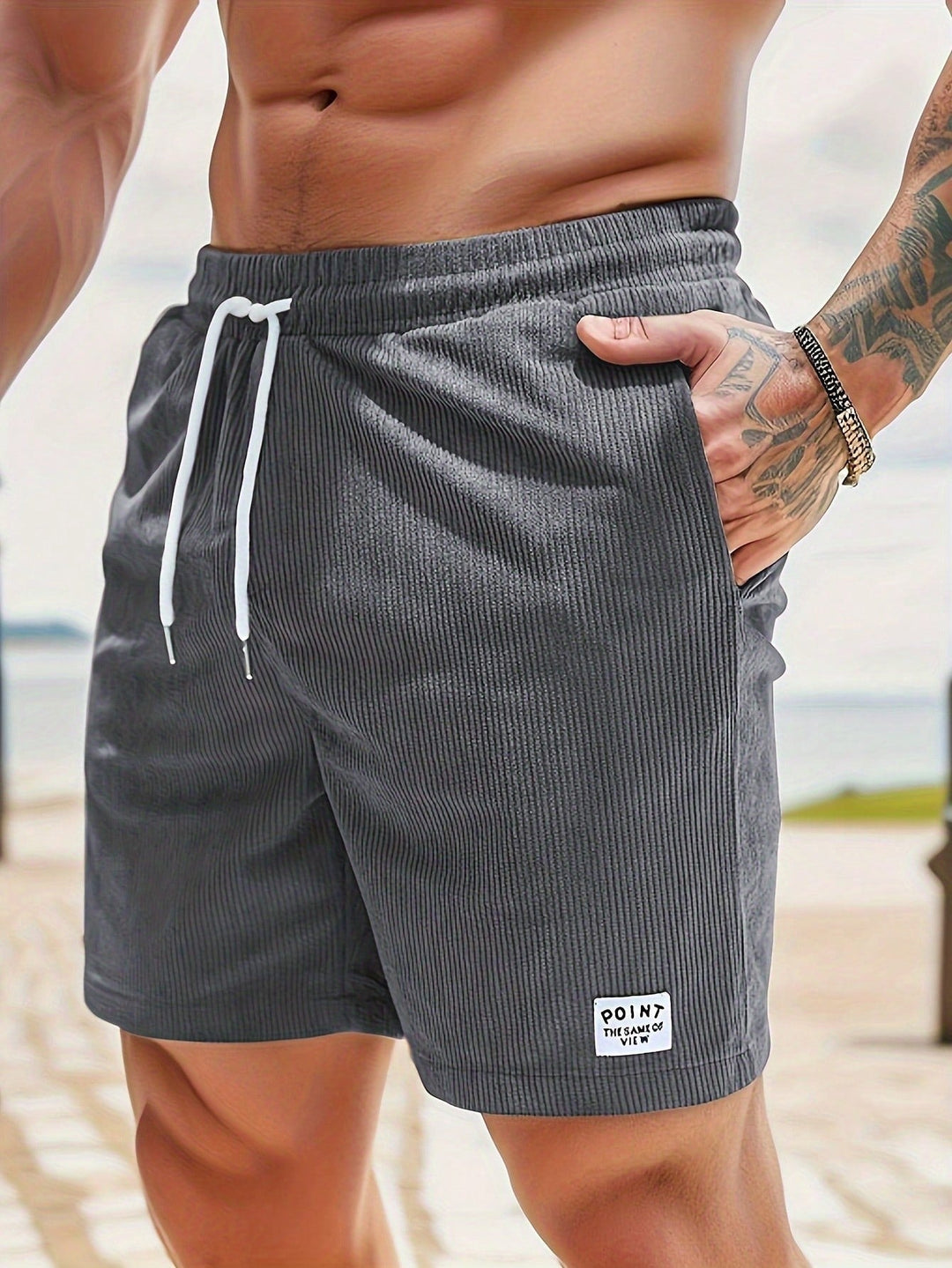 Men's Mason drawstring casual shorts in dark gray corduroy, featuring a relaxed fit and white drawstring.