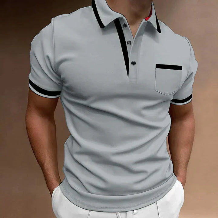 Men's light gray Mason polo shirt with black contrast trim on collar, placket, pocket, and sleeves.