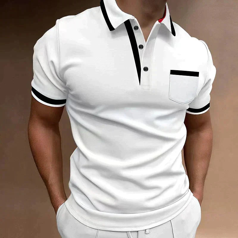 Men's white Mason polo shirt with black contrast trim on collar, placket, pocket, and sleeves.
