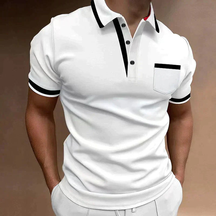 Men's white Mason polo shirt with black contrast trim on collar, placket, pocket, and sleeves.