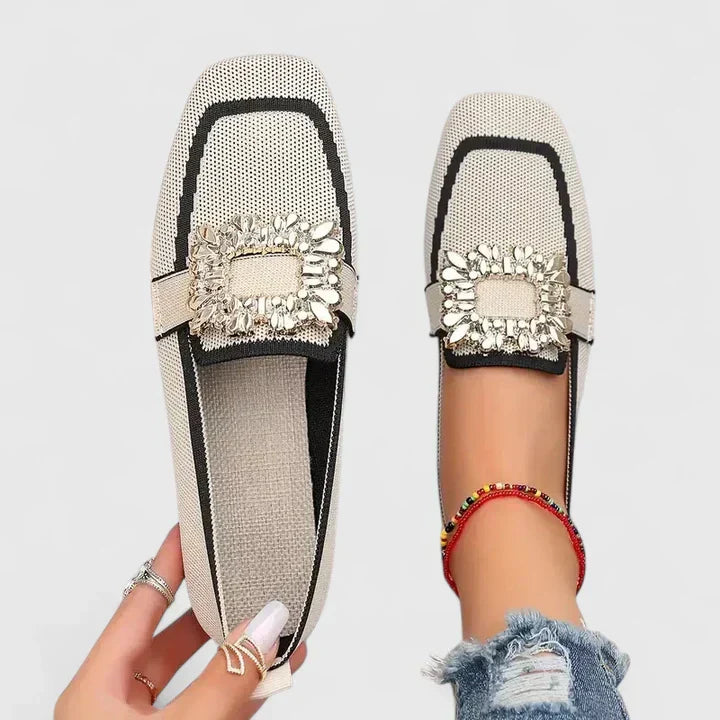 Beige Maylora women's orthopedic loafers with a statement buckle, comfortable and stylish.
