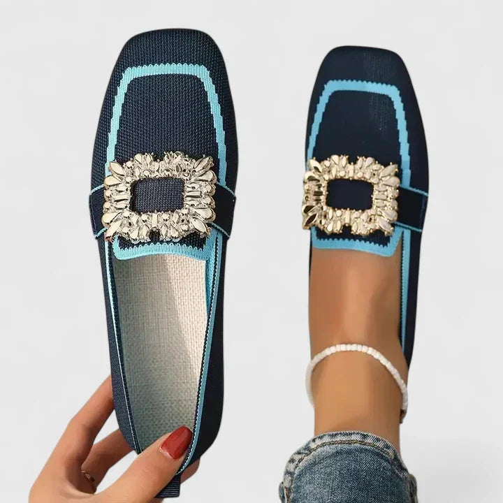 Blue Maylora women's orthopedic loafers with a statement buckle, featuring a comfortable, stylish design.