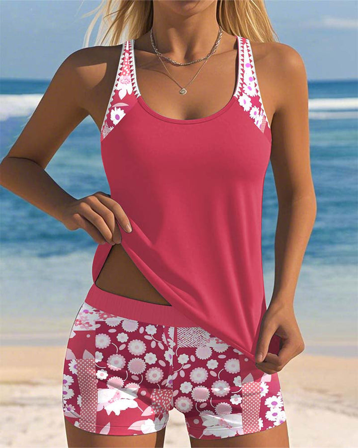 Pink floral print women's tankini with shorts, size S.