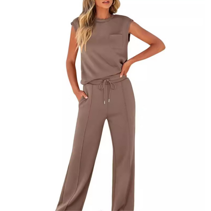 Noelle women's brown lounge co-ord set with sleeveless pocket top and drawstring pants.