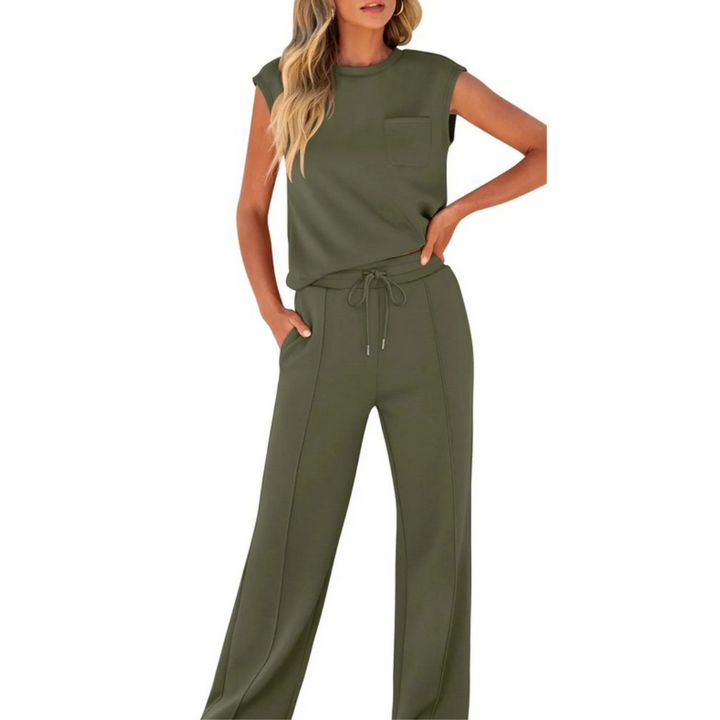 Olive green Noelle lounge co-ord set with a sleeveless pocket top and drawstring wide-leg pants.