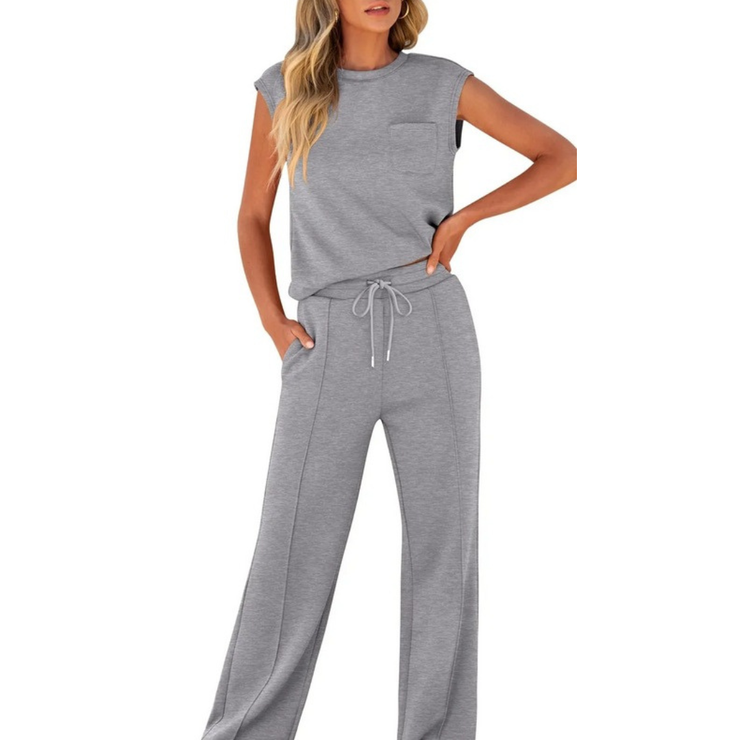 Grey Noelle soft lounge co-ord set with sleeveless pocket top and drawstring wide-leg pants.