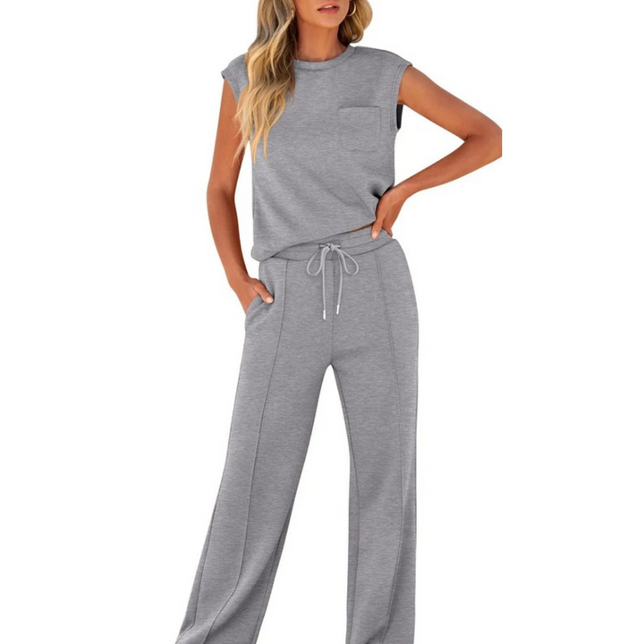 Grey Noelle soft lounge co-ord set with sleeveless pocket top and drawstring wide-leg pants.
