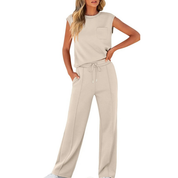 Beige Noelle women's lounge co-ord set with sleeveless pocket top and drawstring pants.