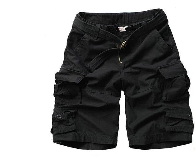 Men's Nolan black cargo shorts with utility pockets and a coordinating belt for practical style.