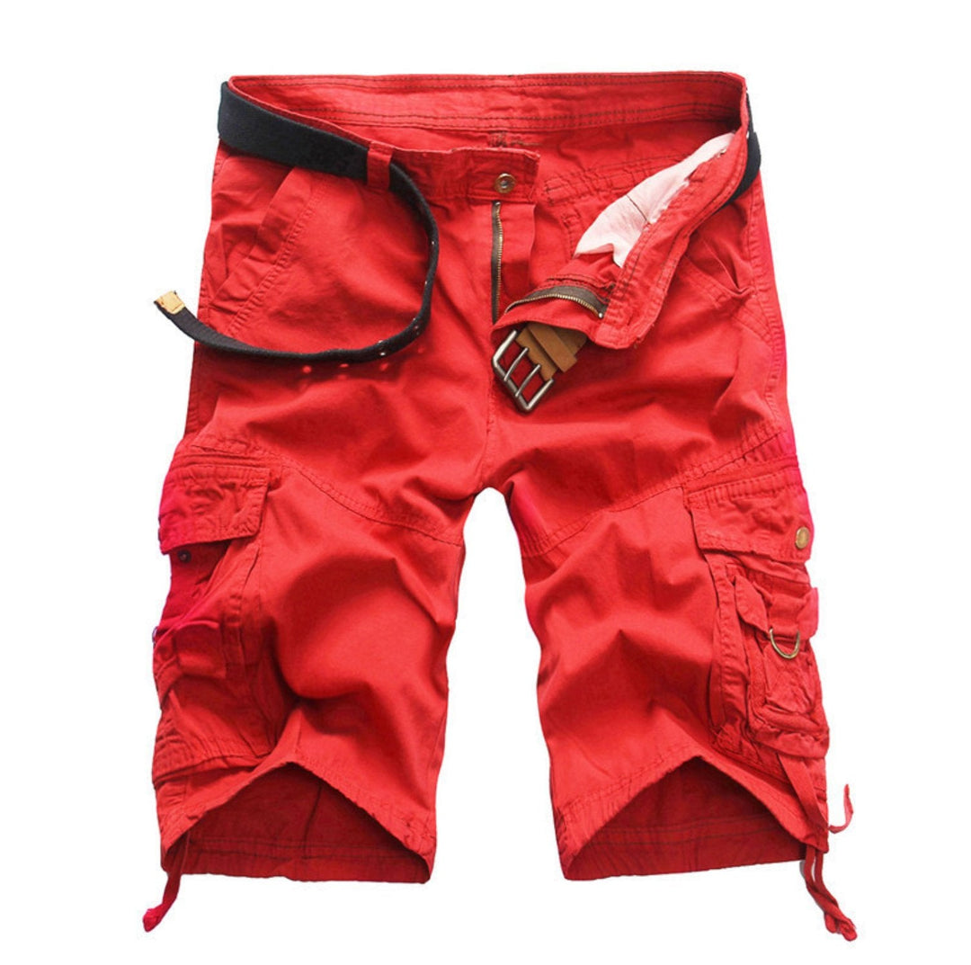 Bold red Nolan men's cargo shorts with side pockets and a black utility belt.