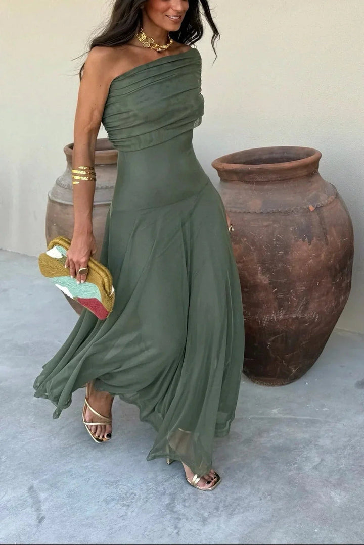 Nora women's one-shoulder pleated maxi dress in graceful olive green, flowing beautifully.