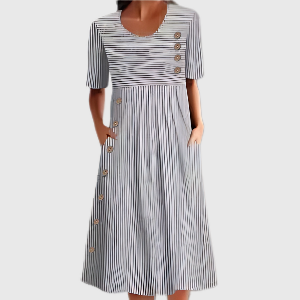 Nora women's striped button midi dress with 3/4 sleeves, pockets, and wooden buttons.