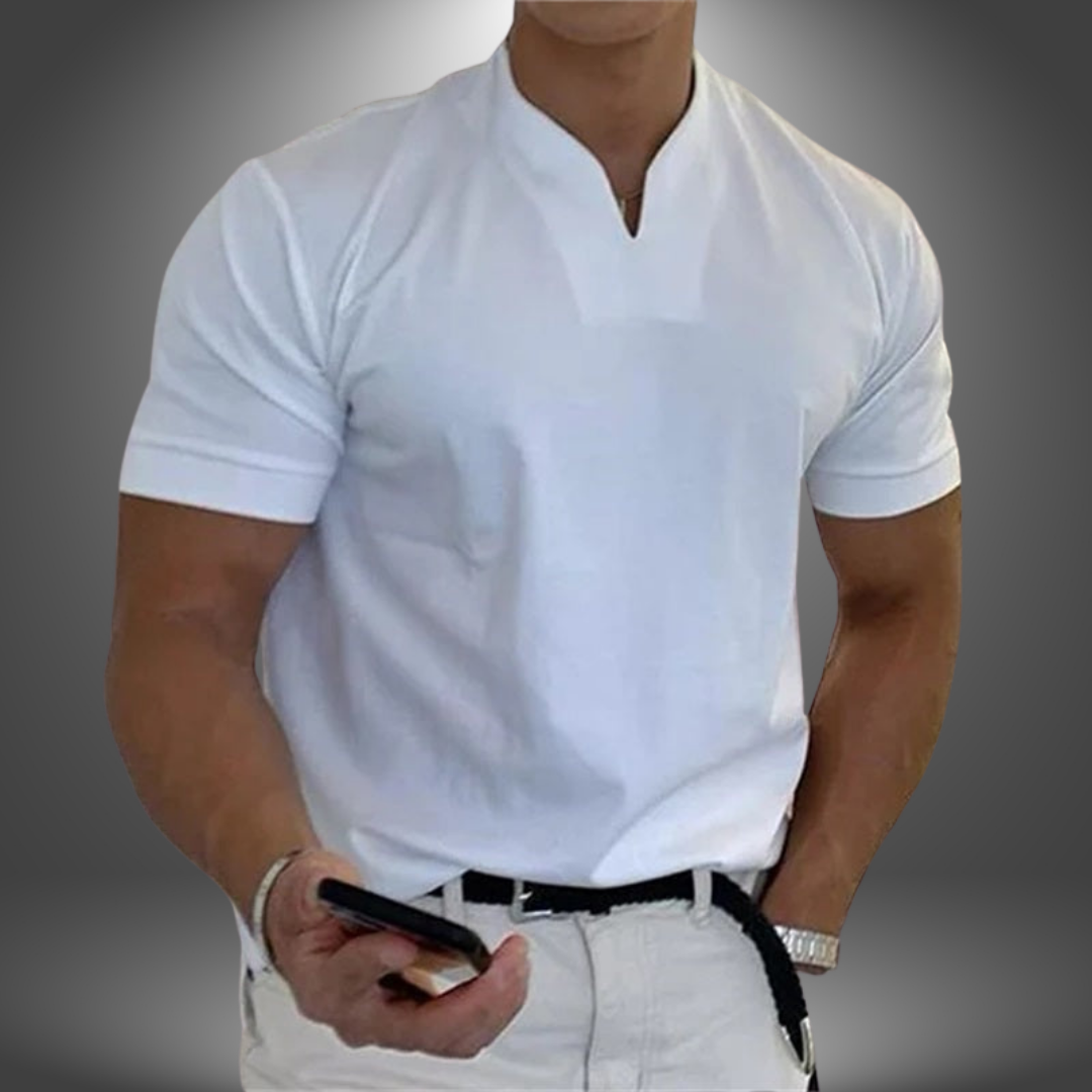 Owen Men's white linen button-up collared shirt, featuring a relaxed cut and crisp finish for a sharp, modern look.