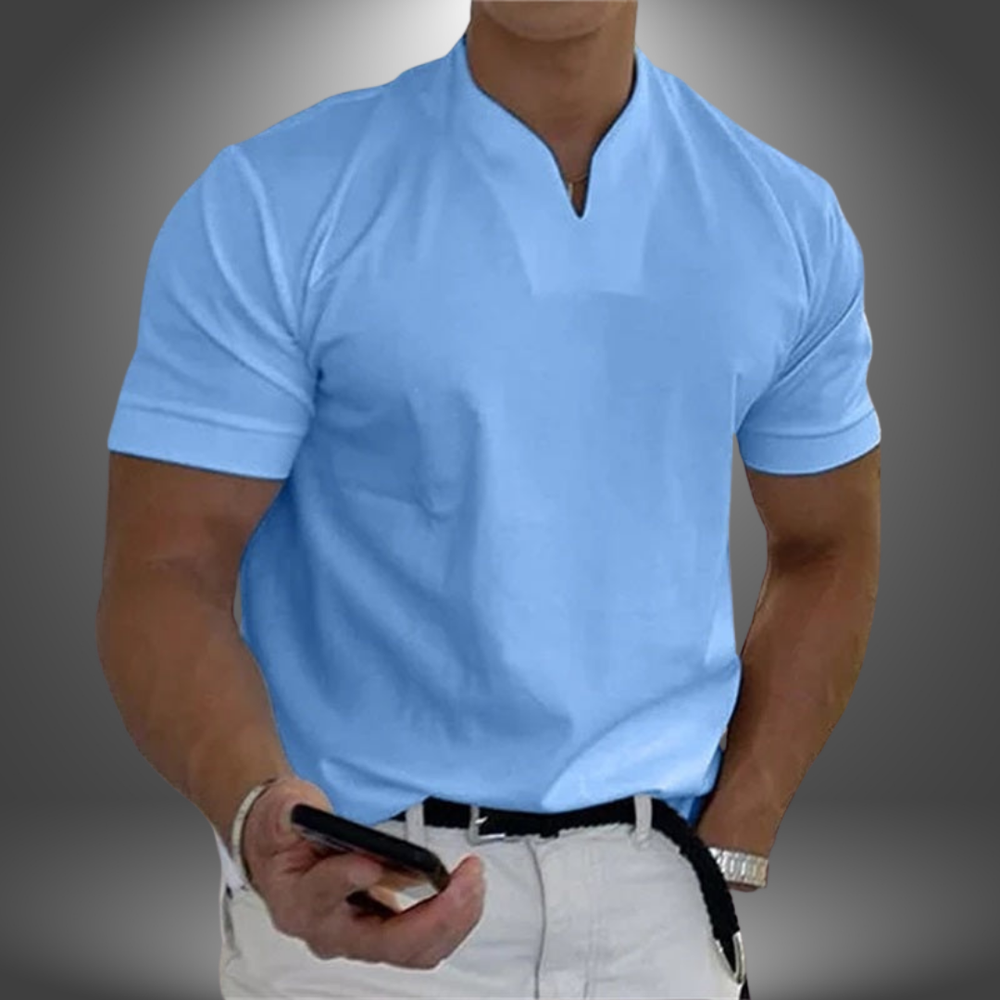 Men's Owen light blue linen button-up collared shirt, featuring a crisp finish and relaxed cut for all-day comfort.