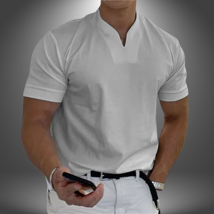 Men's Owen white linen button-up collared shirt, featuring a relaxed cut and crisp finish for a sharp, modern look.