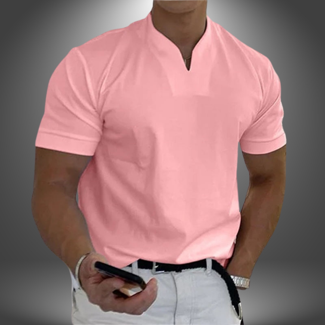 Men's Owen pink linen button-up collared shirt, featuring a clean V-neck and short sleeves for a sharp, modern look.
