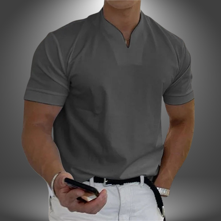 Men's Owen linen button-up collared shirt in dark gray, featuring a clean V-neck and short sleeves.