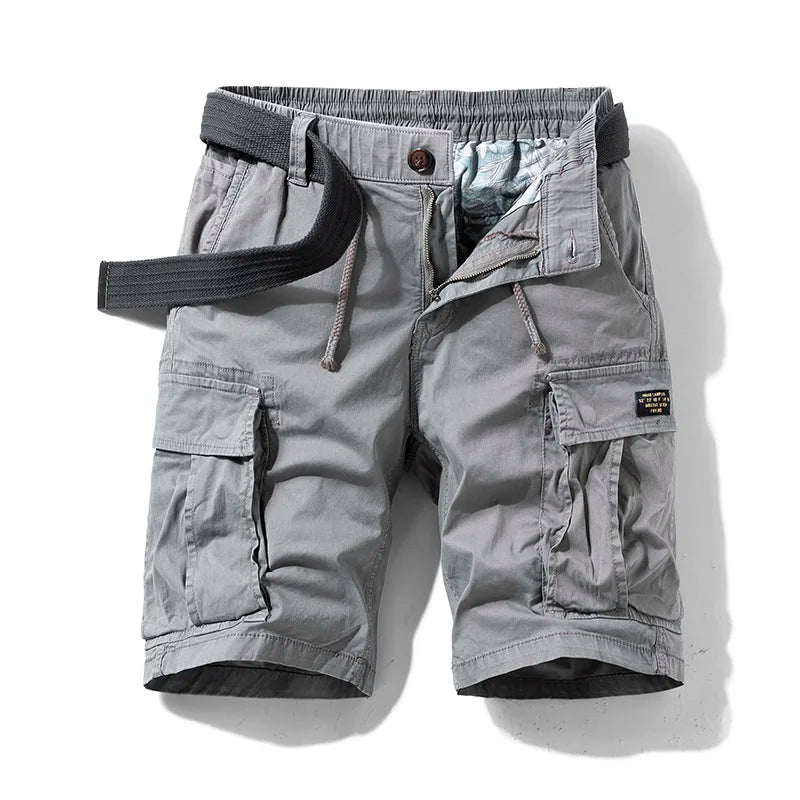 Men's gray Owen drawstring cargo shorts with visible side pockets and a dark belt.