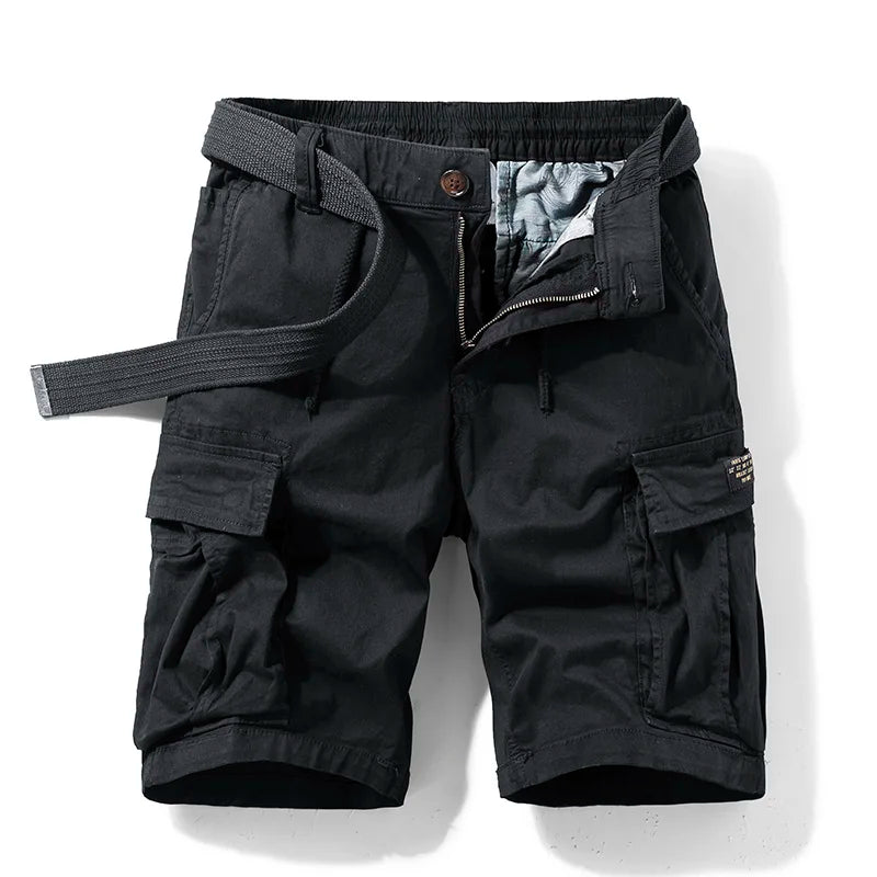 Men's black cotton cargo shorts with a drawstring waist, visible side pockets, and a matching belt.