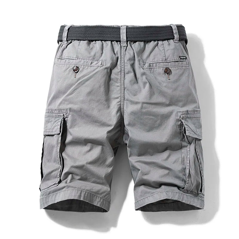 Men's gray cargo shorts with a dark belt, visible side cargo pockets, and back buttoned pockets.