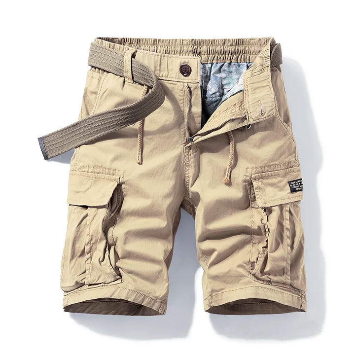 Men's Owen tan drawstring cargo shorts with visible side pockets and a matching belt.
