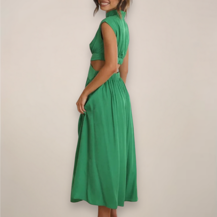 Women's black cutout waist maxi dress with cap sleeves.
