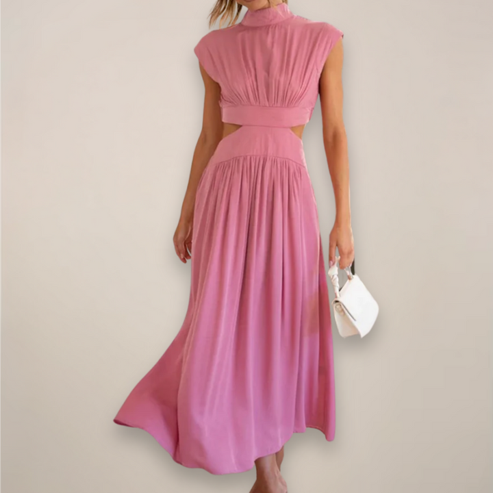 Women's black cutout waist maxi dress with cap sleeves.