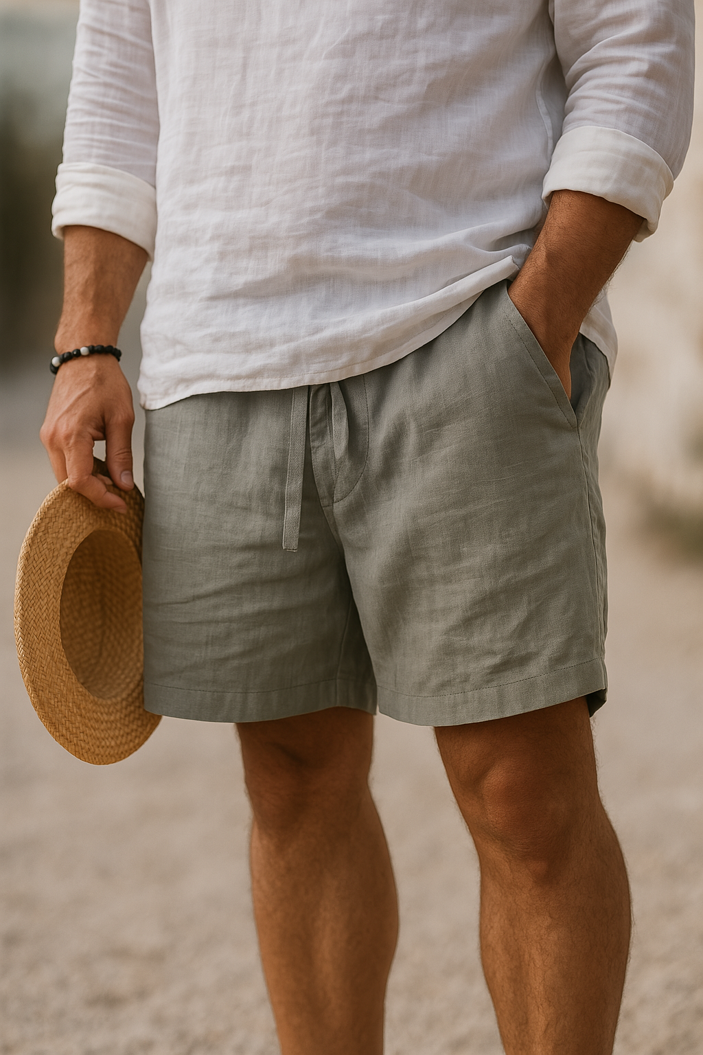 Men's Rafael above-knee drawstring shorts in olive green linen, worn with a white shirt and holding a straw hat.