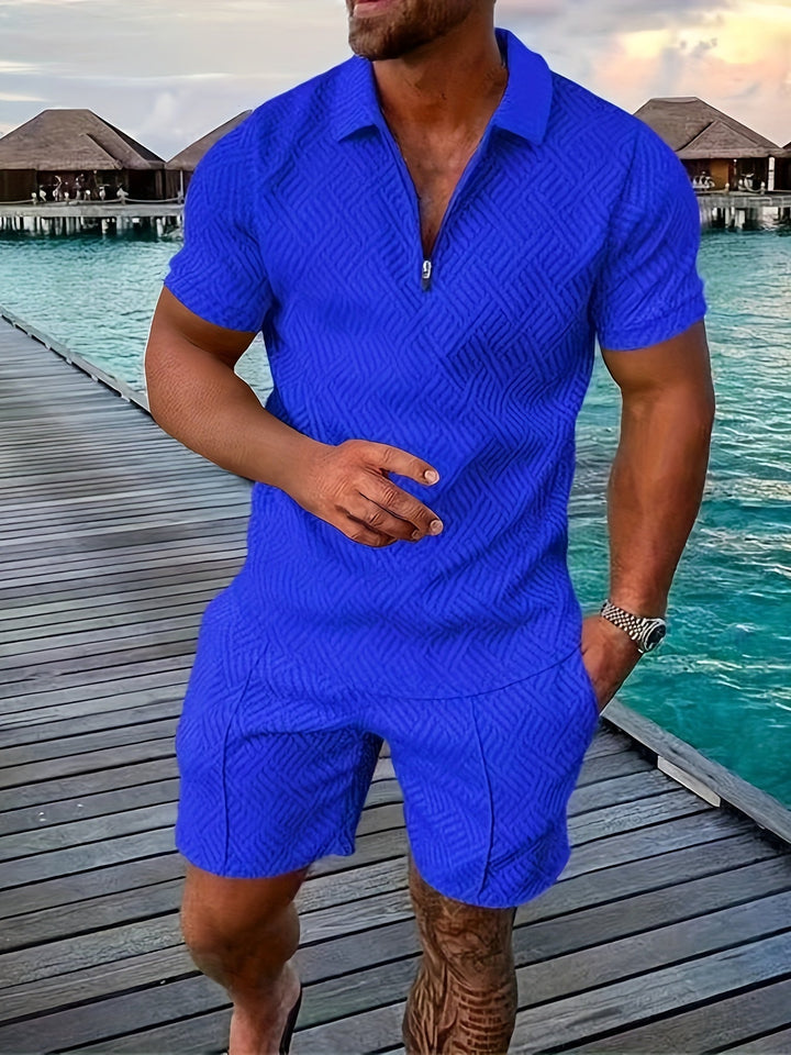 Men's Reid royal blue collared shirt and mid-thigh shorts set with textured geometric pattern, perfect for a sharp, casual look.